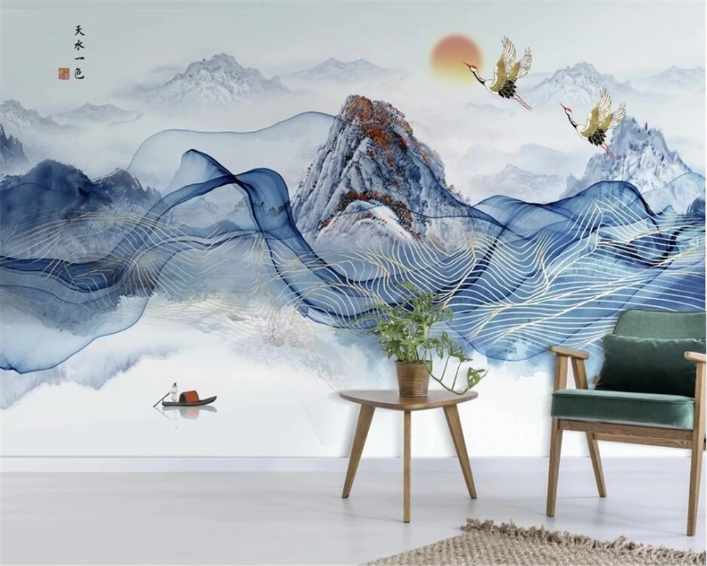 

beibehang New Chinese style abstract mood blue golden lines flying crane ink landscape background wallpaper papier peint