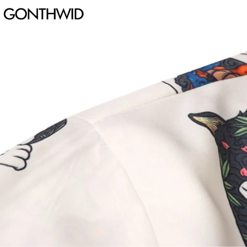 GONTHWID Hawaiian Beach Shirts Harajuku Japanese Tattoo Cat Print Shirt Streetwear Fashion Hip Hop Tropical Short Sleeve Tops