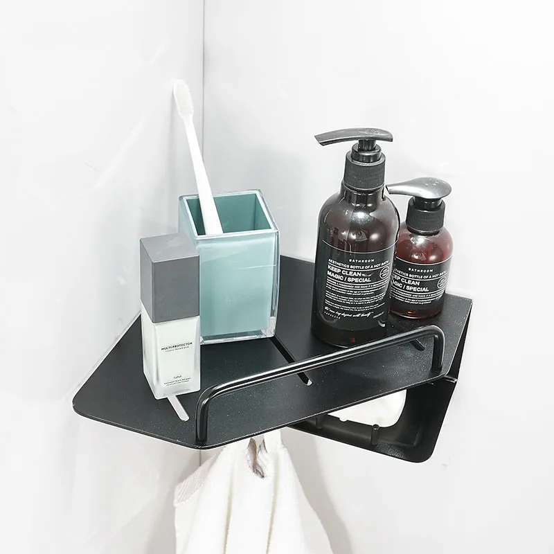 Black Aluminum Bathroom Corner Shelf Wall Mount Shower Room Rack Toilet Corner Table Shelf Rack Holder Bathroom Accessories