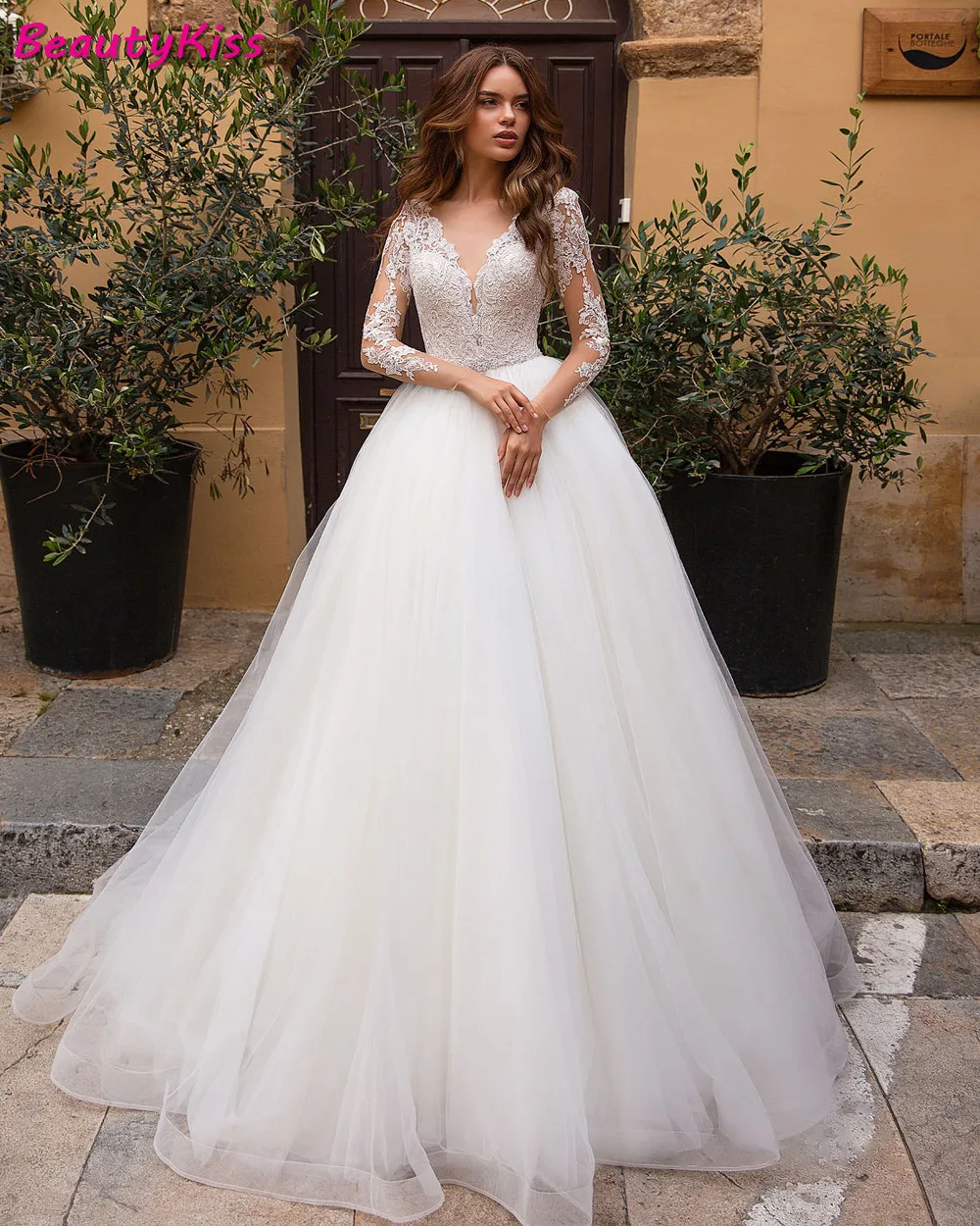 Precioso vestido De Novia De manga larga con cuello en V, elegante tul hinchado, corte en A, apliques, Vestidos De Novia De princesa, Vestidos De Boda 2023