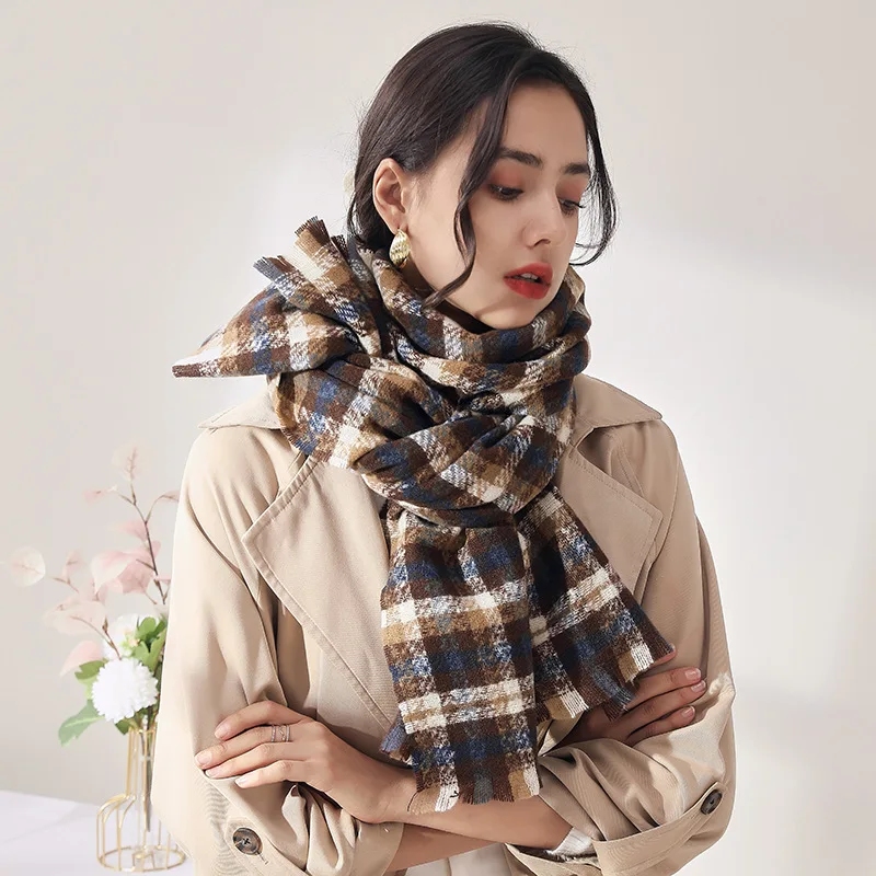 2021 Korea süße kaschmir frauen plaid schal winter warme schal wrap bandana pashmina lange quaste weiblichen foulard dicke decke