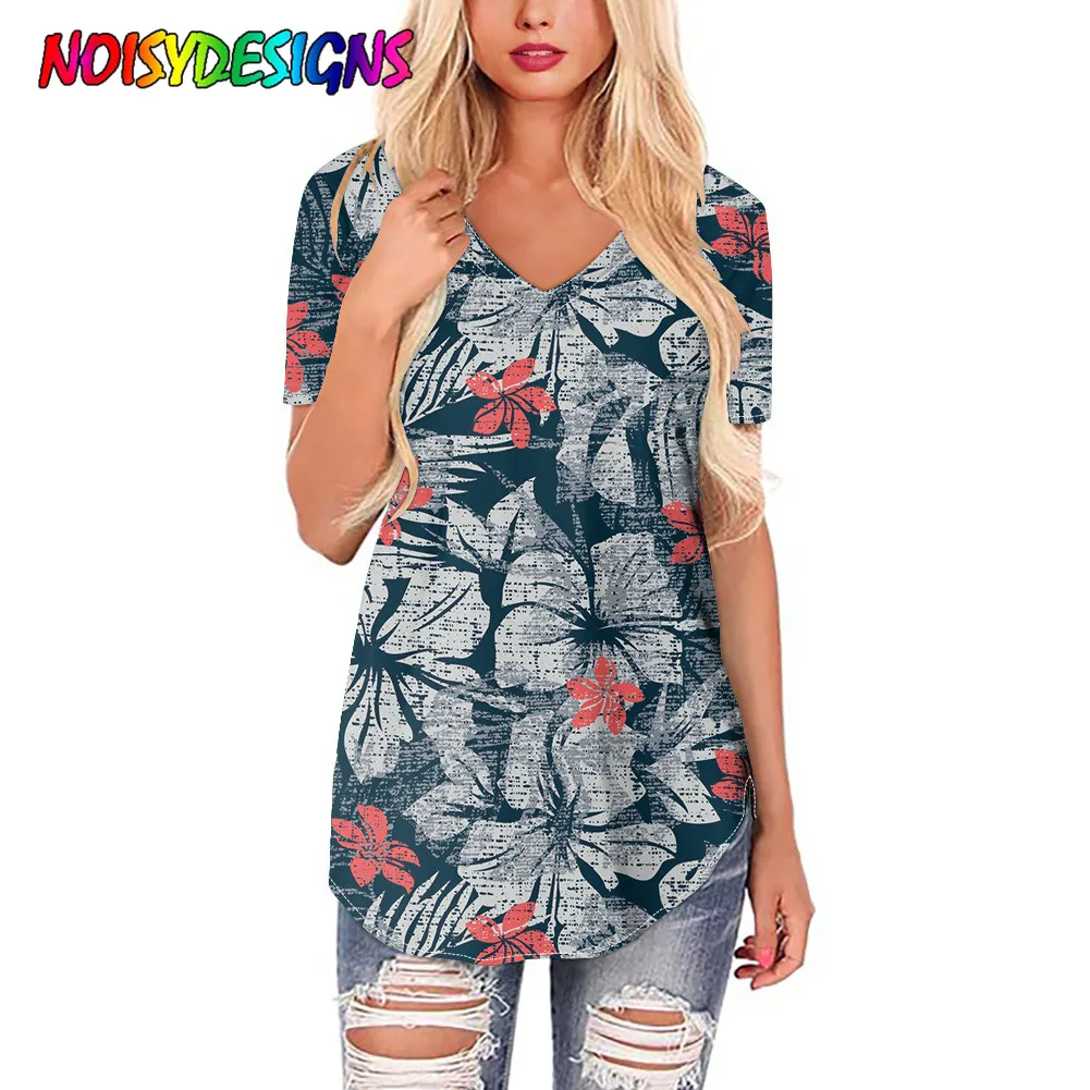 NOISYDESIGNS Hibiscus Flowers Tribal Printing T-shirts Women Summer Shirts for Women Short Sleeve Tee Harajuku V Neck Camisetas