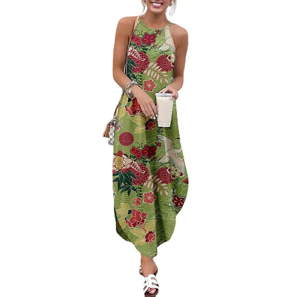 Verão floral impressão lateral fenda maxi vestido feminino estilingue sem mangas magro vestidos longos festa clube moda senhoras básico maxi vestidos