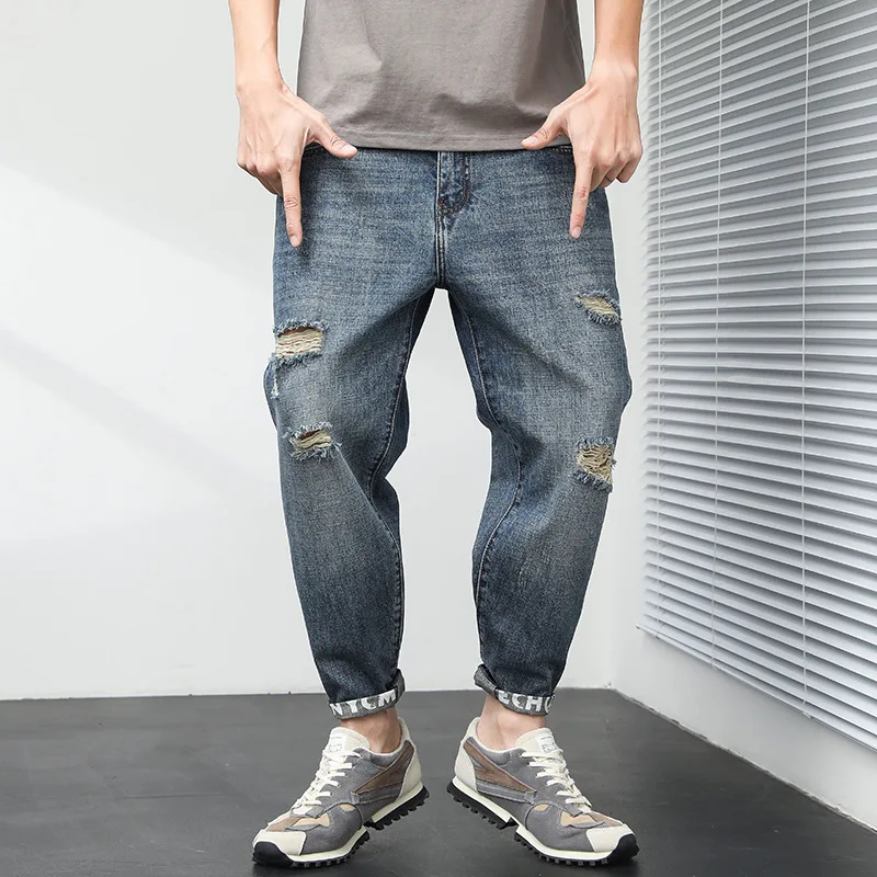 

Men's Stretch Loose Fit Jeans Male Casual Washed Hole Printing Streetwear Vintage Blue Hip Hop Trousers Men Fashion Denim Pants