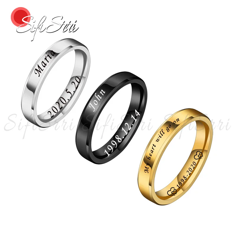 Sifisrri Personalized Stainless Steel Engraved Name Couple Rings Women Men Wedding Band Ring For Lovers Engagement Gift Anillos