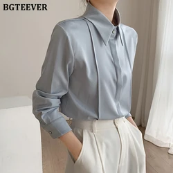 BGTEEVER Spring Women Lapel Satin Blouses Elegant Long Sleeve Loose Female Single-breasted Shirts Ladies Tops Blusas 2022