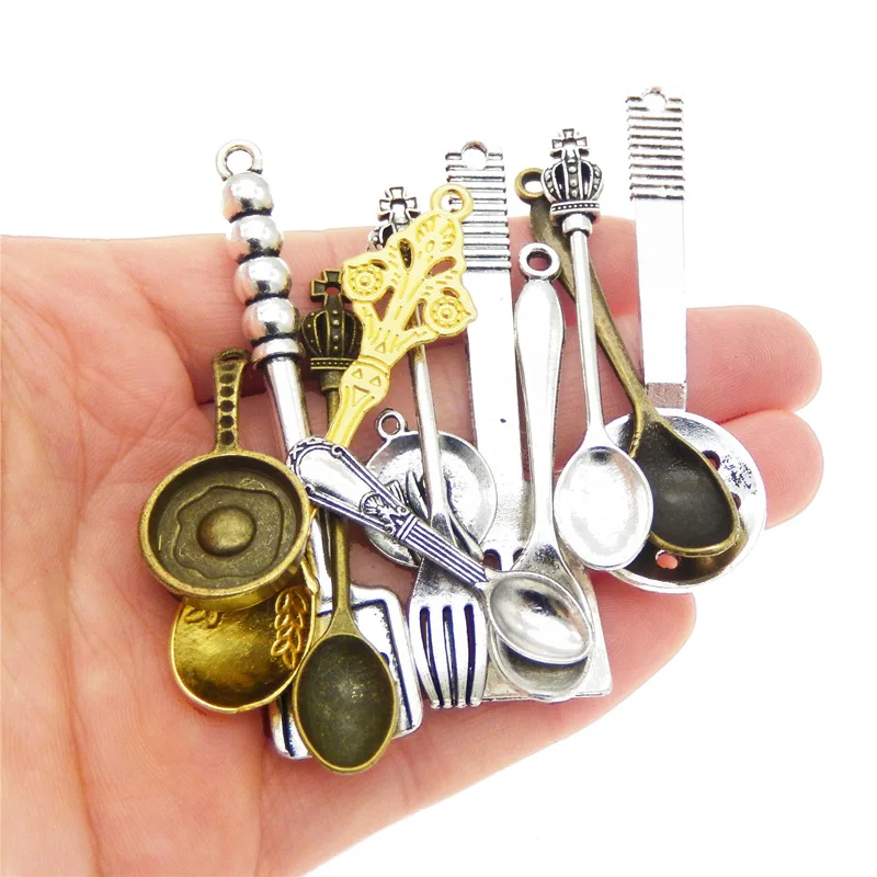 Julie Wang 24pcs Antiqued Cooking Tools Charms Spoon Shovel Fork Mixed Alloy Tableware Pendants Jewelry Making Accessory