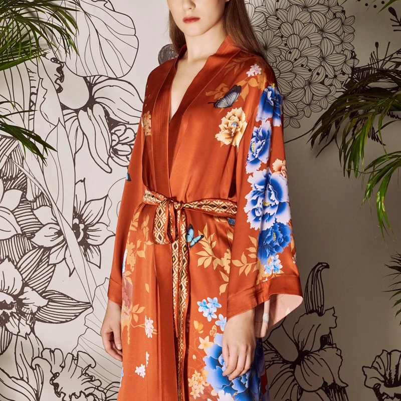 100% Silk Robe Printed Floral Vintage Female Kimono Bath Gown Long Sexy Loose Sleepwear Bathrobe With Belt Casual Home Dressing