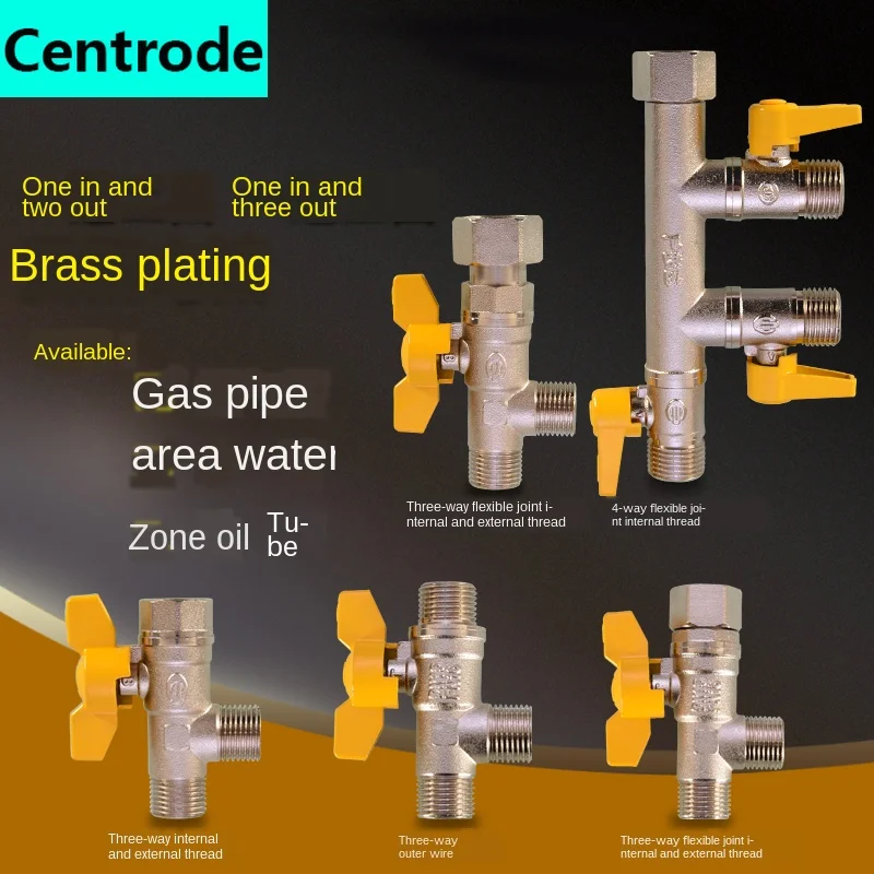 1/2 3/4 IN brass three-way gas ball valve switch one in two out live connection internal and external wire natural gas connector