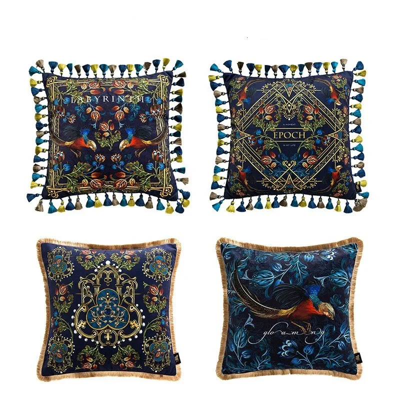 

Vintage Velvet Cushion Cover, Abstract Colorful Pheasant Throw Pillow Case, Chic Design One Side Printed, Tassel Pillowcase