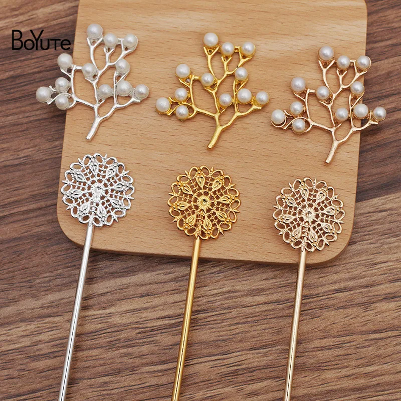 BoYuTe (10 Pieces/Lot) 25MM Filigree Peacock Feather Hair Stick with 37*40MM Pearl Tree Branches Diy Jewelry Accessories