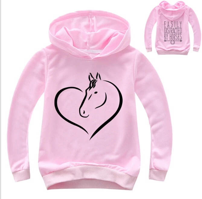 Cavalo de manga comprida infantil impresso Hoodie, moletons, casaco, streetwear, meninos, meninas, roupas infantis, moda, 2-14Y