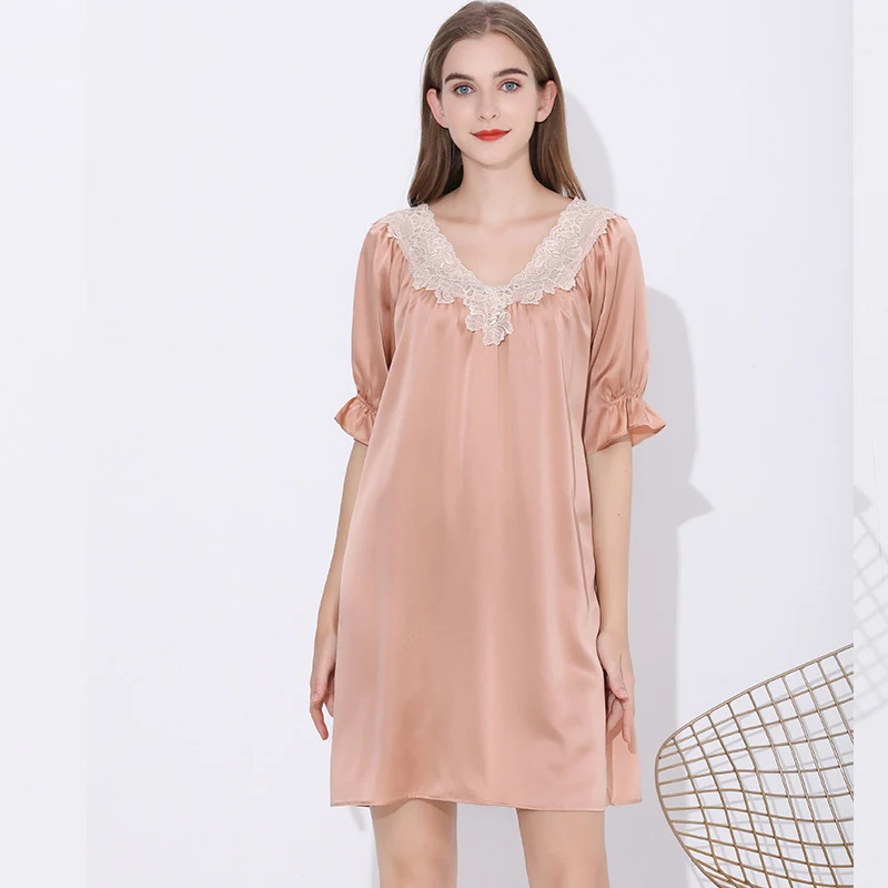 100% Silk Nightgown Women with Short Sleeve Lace Relaxed Fit Ladies Nightie Party Satin Nightwear sp0176