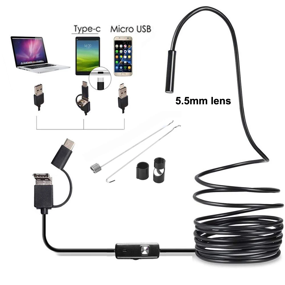 3in1 5.5 milímetros 6Led Tipo C À Prova D' Água Câmera de Inspeção Endoscópio 1m 2m 3.5m 5m Cabo USB Endoscópio Endoscópio Endoscópio Android