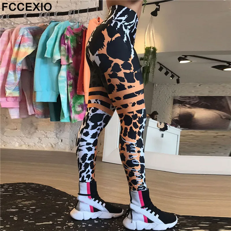 FCCEXIO New Leopard Splice Print  Women Leggings Sexy Push Up Running Legging Slim Fitness Sports Pants Casual Yoga Trousers