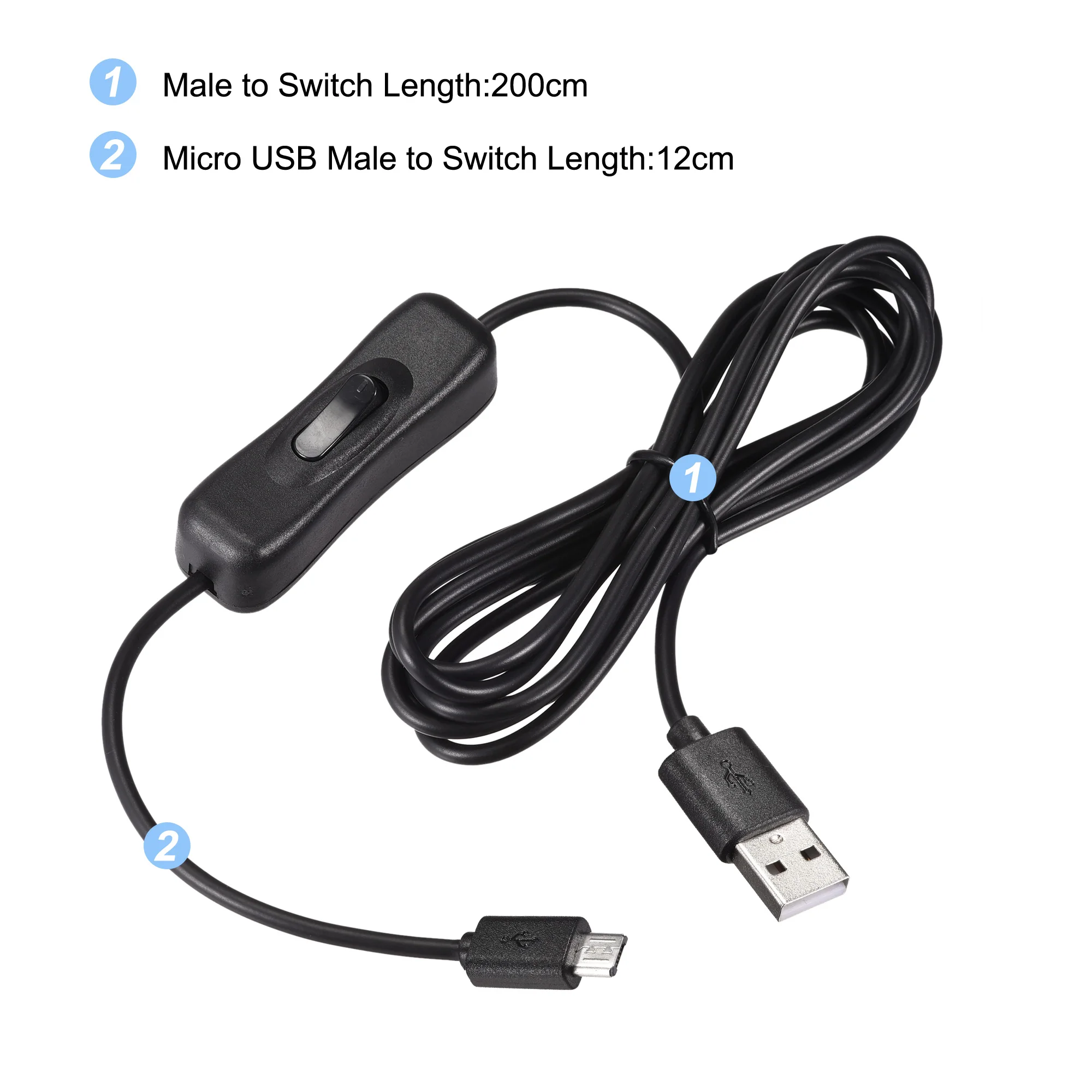 Uxcell-Cable USB con interruptor de encendido/apagado, Cable de extensión macho a Micro USB macho, 2M, negro, para lámpara LED de escritorio