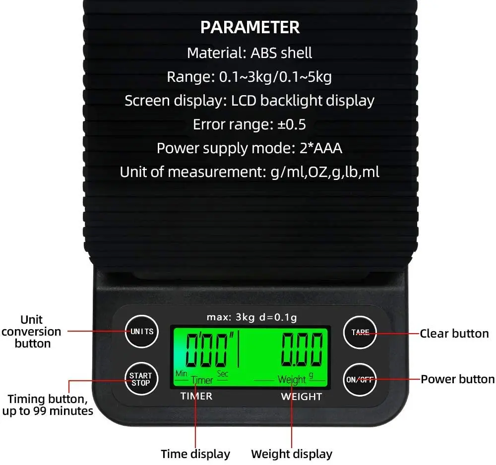 0.1-3000g Portable LCD Electronic Kitchen Scales V60 Coffee Accessories Weighing Balance Digital Coffee Scale