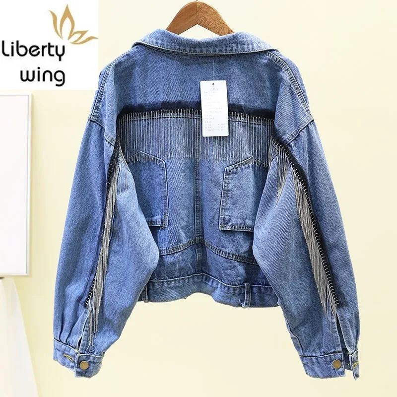 Street แฟชั่น Beading พู่ DENIM Coat ผู้หญิง Punk สไตล์ Cropped กางเกงยีนส์แจ็คเก็ตคุณภาพสูงแขนยาว Outwear