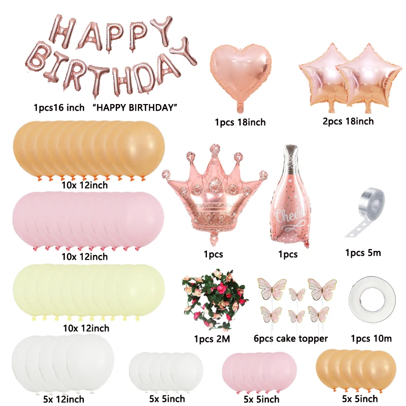 65pcs/set Happy Birthday Decoration Girl Rose Gold Pink White Balloon Garland With Flower Crown Bottle Birthday Party Supplies