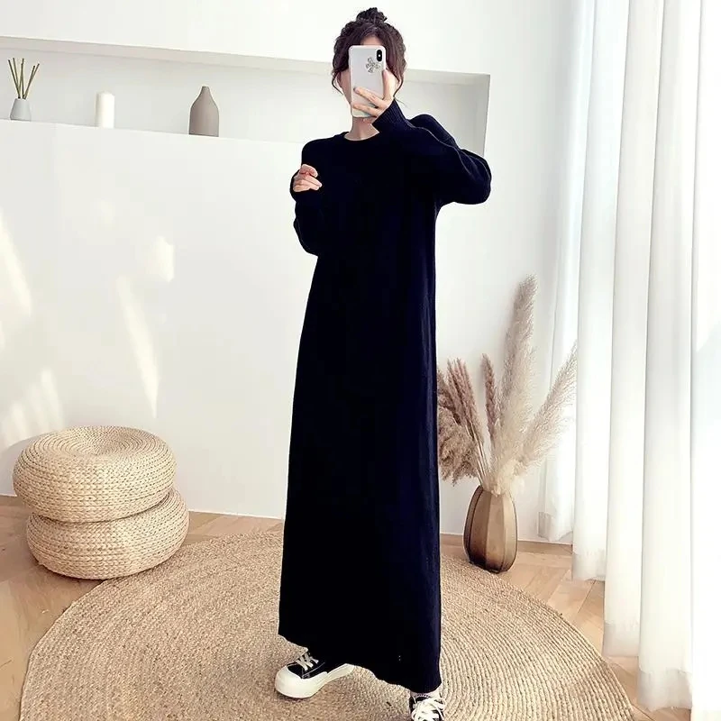 Thick Long Sleeve Knitted Dress Women Korean Fashion Maxi Vestidos Loose Plus Size 80kg Robes Casual Straight Sweater Dresses