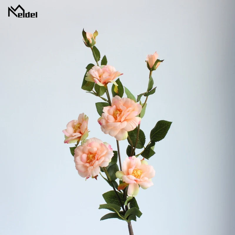 Meldel 7 galhos de flores de rosa chinesas, mini flores de seda falsas para decoração de casa e interior para casamento