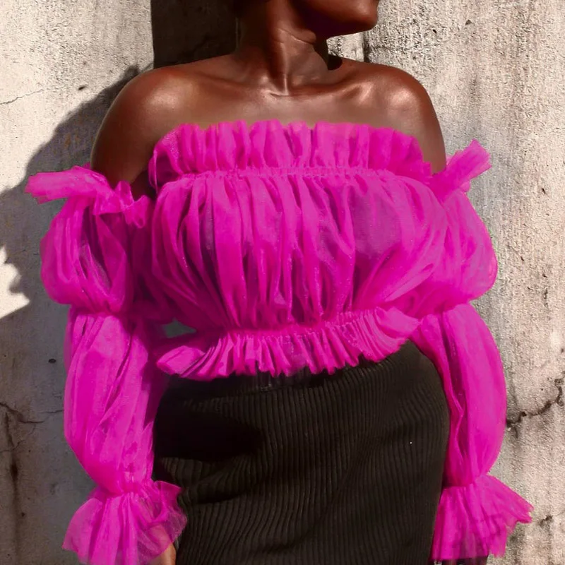 2020 Summer Chic Fuchsia Short Tulle Blouses Off The Shoulder Women Tops With Three Quarter Sleeves Blusas Summer Ropa Mujer