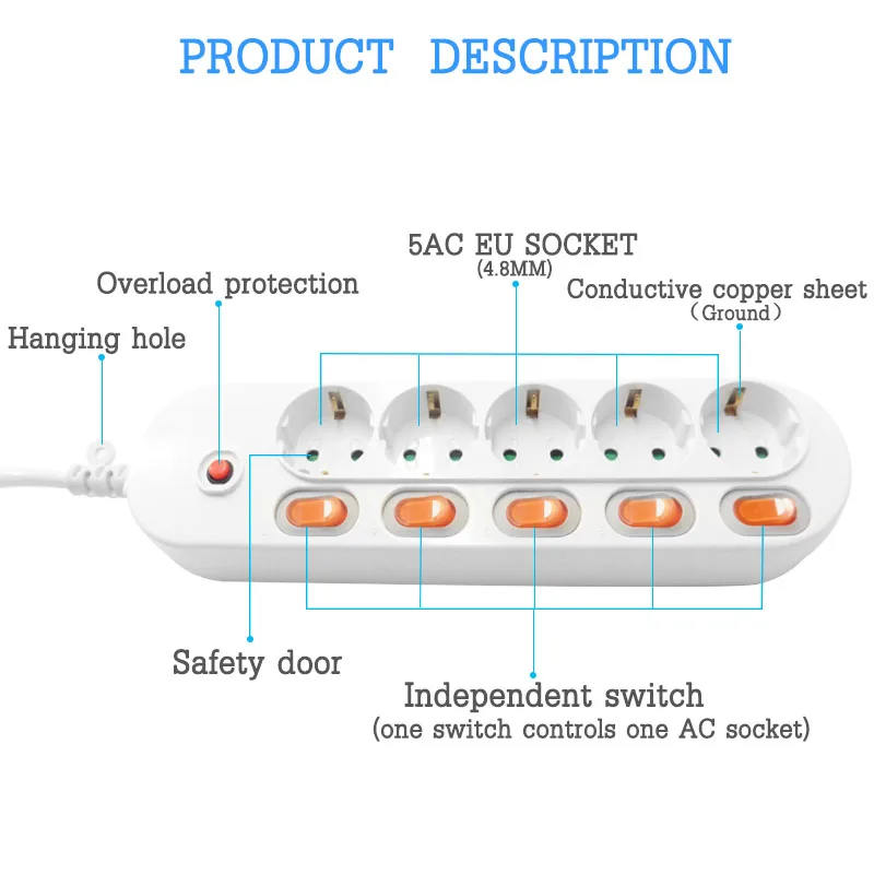 European Germany Extension Cord Socket 1.5/2.5M EU Power Plug 5AC Outlets Charging Port Separate Switch Control Electric Socket