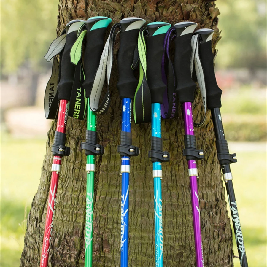 Walking Stick Alpenstock Telescopic Baton Hiking Trekking Poles Aluminum Alloy Metal Folding Cane Elderly People Crutches Pole