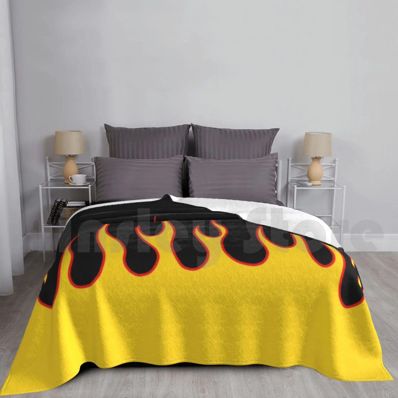 Black And Yellow Flames Blanket For Sofa Bed Travel Skull Fire Hell Burn Flames Hot Rod Flames Biker Bikers