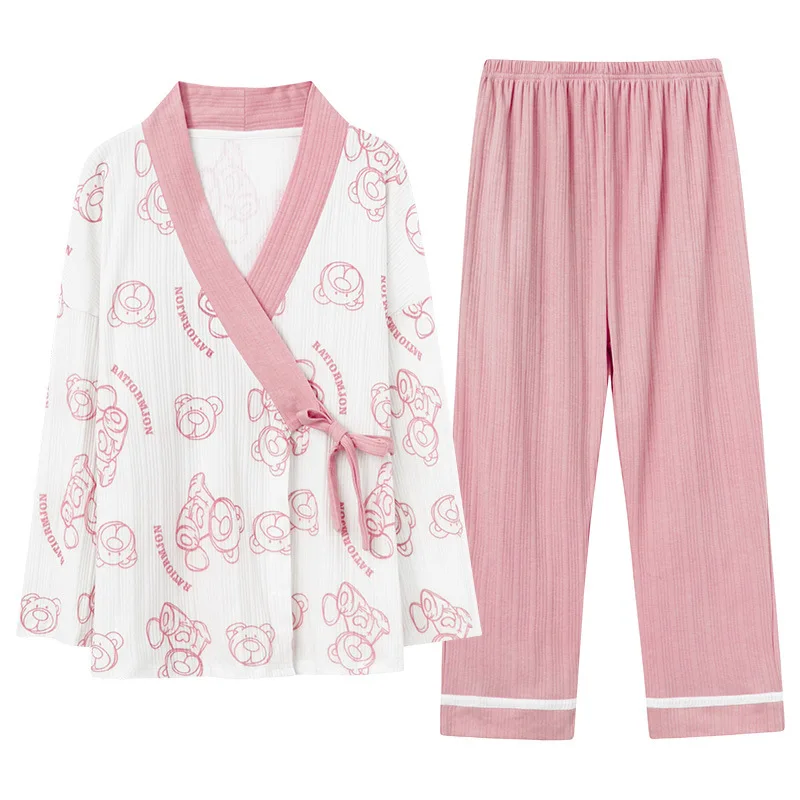 Japan Kimono Sleepwear Fashion Cardigan V-neck Women's Pajama Suit Plus Size Spring Female Clothing sets pijama feminino Freeshi