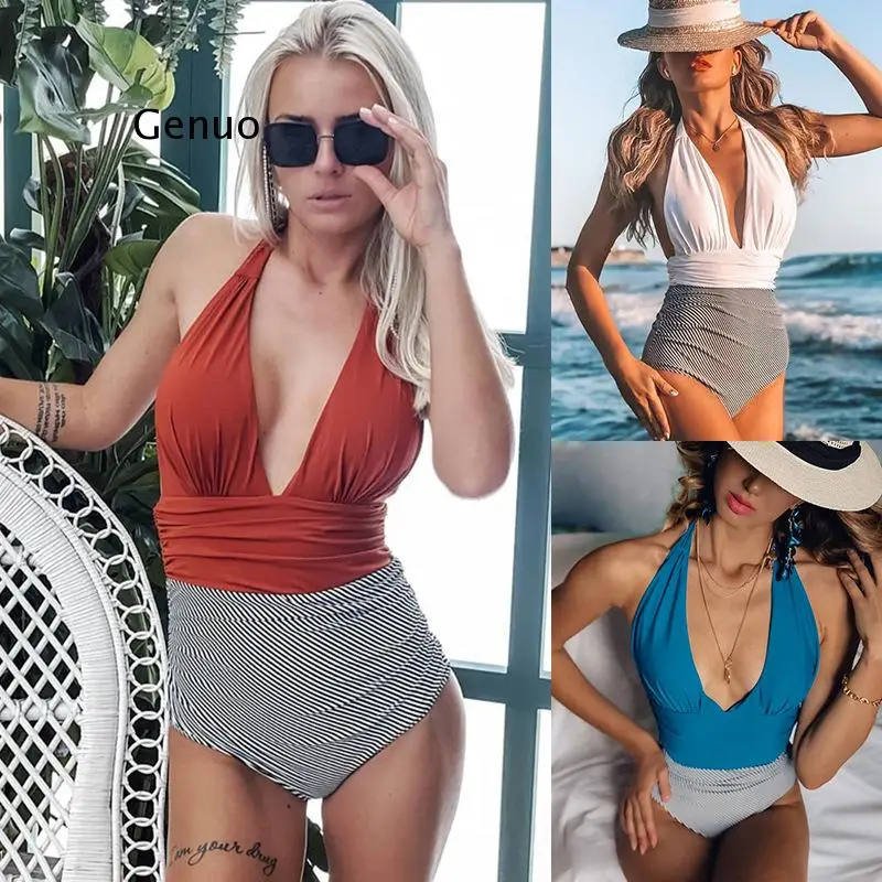 Swimsuits Women Summer 2021 Ladies Sexy Color Matching Pleated One Piece Swimsuit Bikini Beachwear Bathing Suits