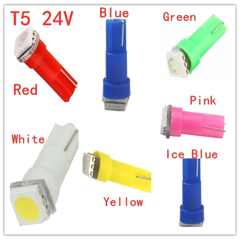 50Pcs 7color T5 1SMD 24V Blubs Wedge Dashboard LED Lights Bulbs Car Lnstrument Indicator AC Lamp Auto Interior Accessories