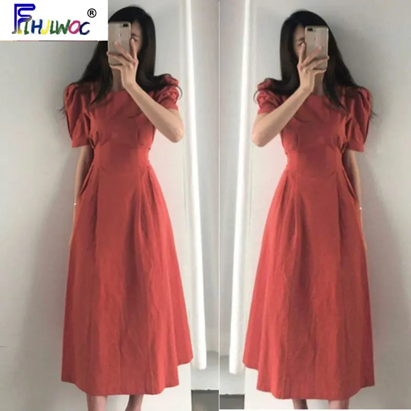 2023 Long Dresses Summer New Design Women FLHJLWOC Korean Japanese Style Cute Bow Tie Cotton Blend Red White Vintage Dress 4922