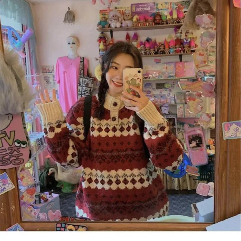 Winter New Year J K Sweater Red White Long-sleeved Sweater Japanese Retro Students Wear A Wide Range