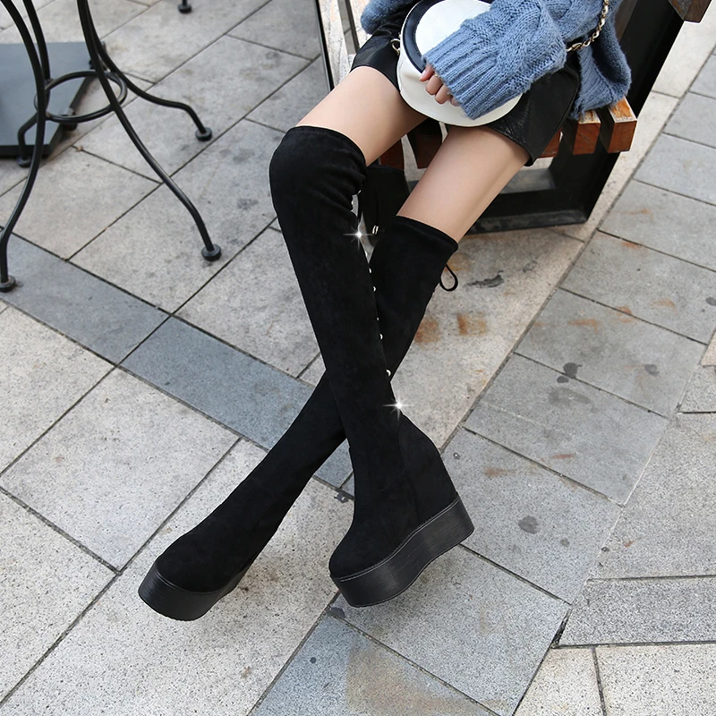 Women\'s Boots Autumn Winter 2021 Pearl Increased Internal High Heels Platform Shoes Women Stretch Fabric Over The Knee Boots