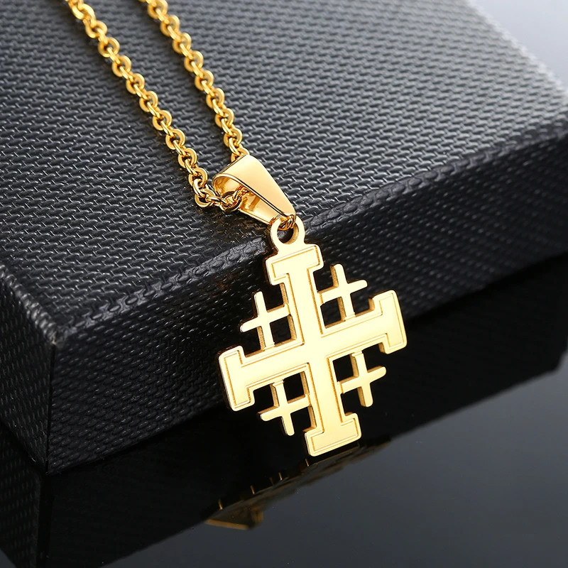 Retro Jerusalem Cross Pendant Necklaces for Women, Gold Color Stainless Steel Necklace Prayer Jewelry