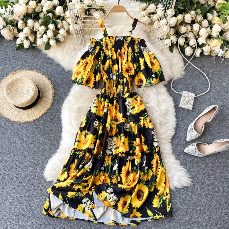 summer Holiday Dress Women 2021 New One-line Collar Strapless Flared Sleeve Slim Mid-length Suspender Skirt Vestidos Beach Dress