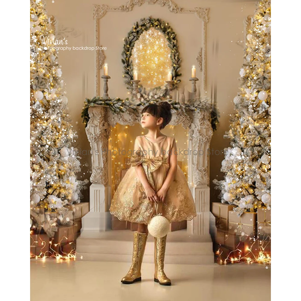 عيد الميلاد خلفية الاطفال صور الذهب الموقد ديكور الهدايا بريق الأشجار راية شمعة الدعائم الطفل الطفل فوتوستوديو خلفية