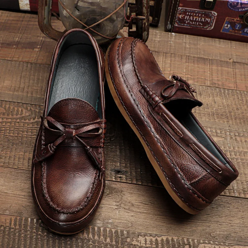 ZFTL Men's Loafers Man Casual shoes Genuine Leather Peas shoes Men's business casual Slip on Driving shoes Vintage Brown Loafers