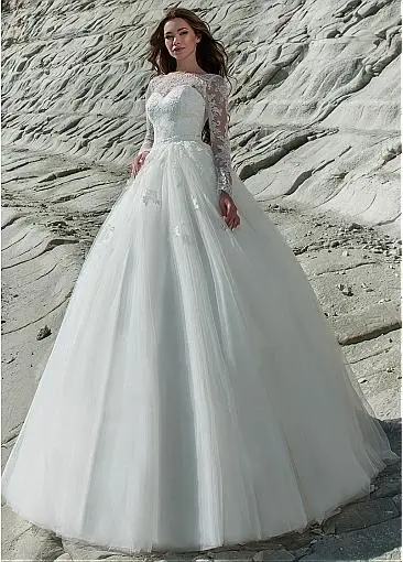 

Fantastic Tulle & Lace Bateau Neckline 2 In 1 Wedding Dress Lace Appliques Long Sleeve Bridal Dress with Removable Skirt