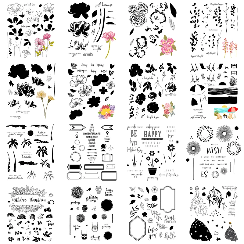 

Cutting Dies and Clear Stamps Set Blooming Carnation Rose Flower Petal Leaf Coconut Tree Floral Dress Frame Letter Words 2021