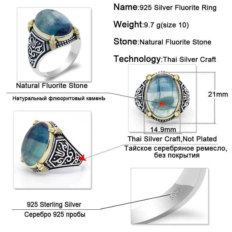 Anillos de plata 925 auténtica para hombre, con piedra de fluorita Natural azul, joyería fina turca, estilo Punk Retro