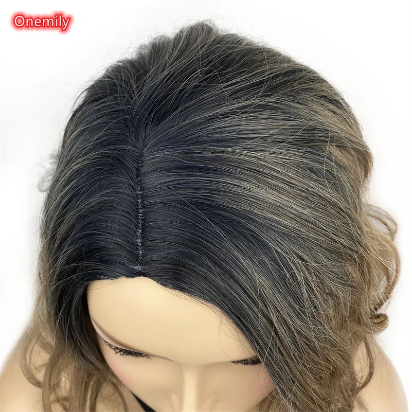 Onemily-Peluca de cabello ondulado corto para mujer, de aspecto Natural cabellera resistente al calor, color marrón ceniza ombré