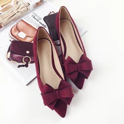 2022 Autumn New Bow Pointed Toe Flat Shoes Women Wedding Shoes Flock Leather Big Bowknot Solid Color Plus Small Size 33 34 43 44