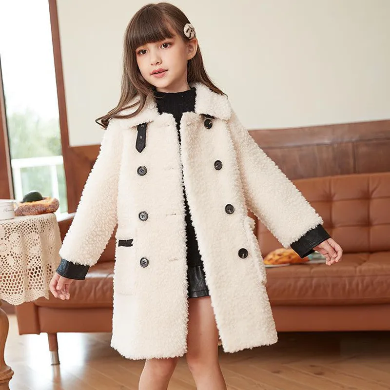 Lamb Wool Girls Baby\'s Kids Coat Jacket 2022 Thicken Winter Autumn Fur Teenage Mid-Length Buttons Outerwear Children\'s Clothing