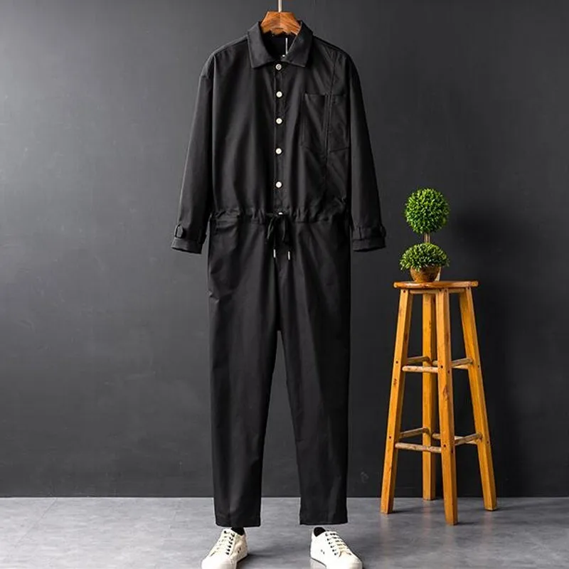 Harajuku Mens Casual Loose Fit Jumpsuits Long Sleeve Single Breasted Top Drawstring Waist Full Length Pants Male Cargo Overalls