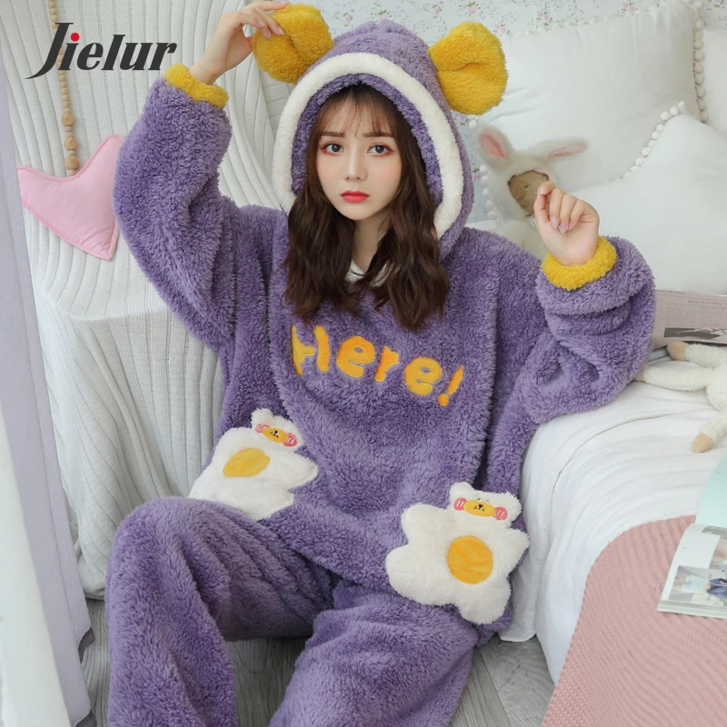 Jielur Warm Women Pajama Sets Winter Lady Long Sleeve Shirt+Pants Home suit Hooded Cartoon Print Thick Pijama Feminino