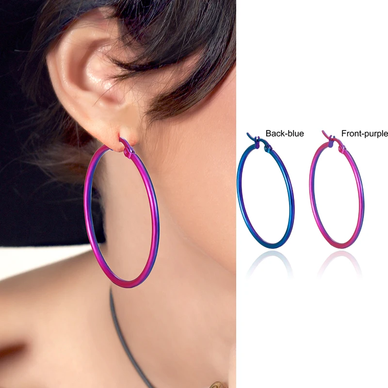 New Trend Blue Purple Hoop Earrings Exaggerated Stainless Steel Geometric Bohemian Round Circle Ear Rings Women Ear jewelry Gift