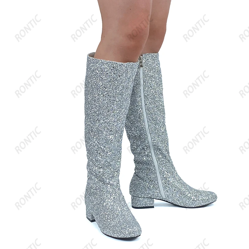 Rontic Handmade Women Winter Knee Boots Glitter Side Zipper Flat With Heels Round Toe Gorgoeus Silver Dress Shoes US Size 5-20