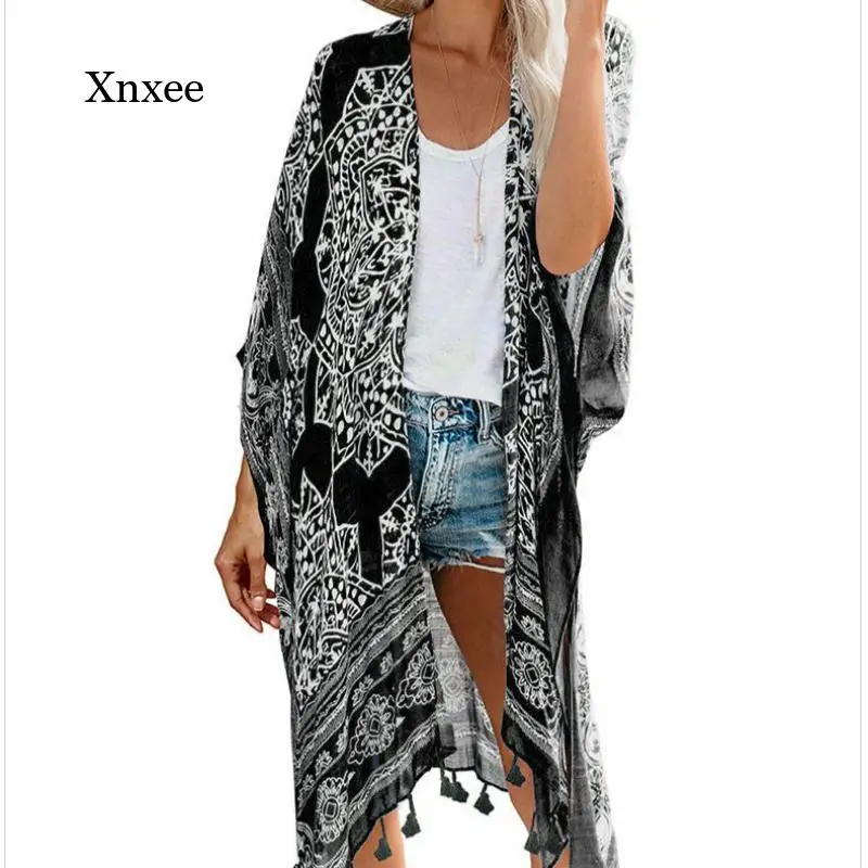 Women's Sexy Bikini Cover Up Boho Printed Fringed Long Kimono Cardigan Jacket Women's  Beach Wearing Swimsuit Cover Up